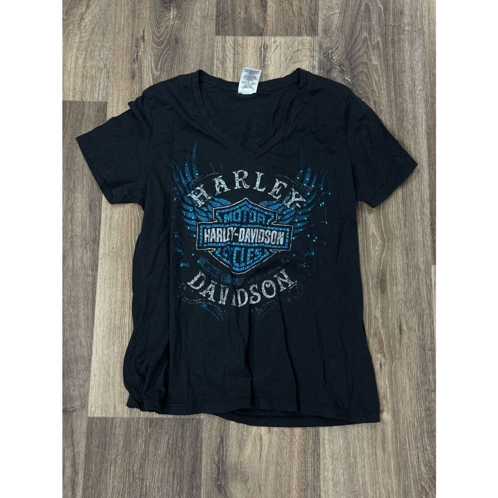 Harley Davidson Sequin Black and Blue VNeck Short Sleeve Tee Shirt Women’s Large